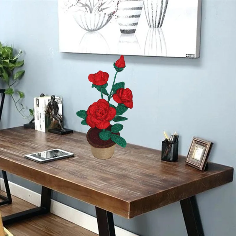 Вязание Wool Yarn Hand Knitted Pot Flower Artificial Flower Rose Valentine's Day Gift For Lovers Christmas Home Desk Decoration