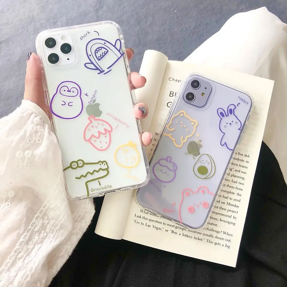

Cute Animal Fruit Case For iPhone 11 Pro Max SE 2020 X XR XS Max 7 8 Plus Transparent Soft Silicone Phone Cover Coque