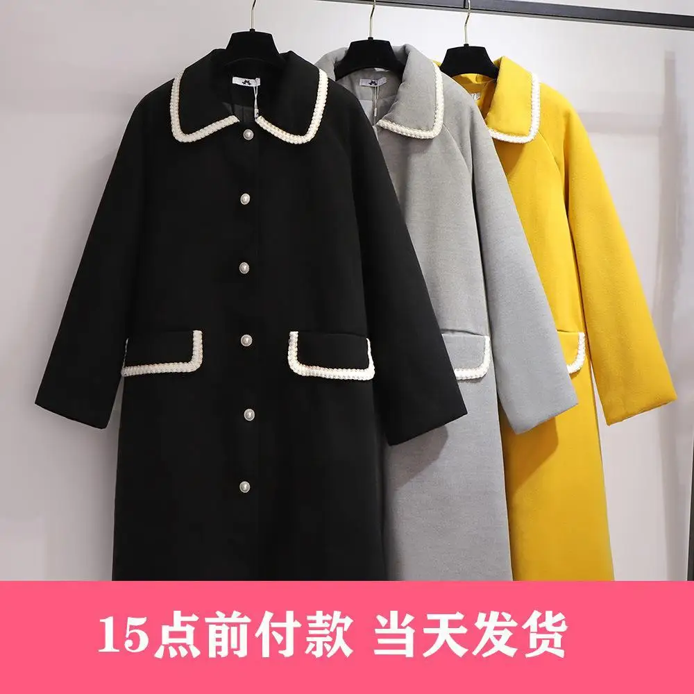 

300 Extra Large WOMEN'S Dress Fat Mm Autumn And Winter Graceful Overcoat Loose-Fit Slimming Fold-down Collar Single Breasted Woo