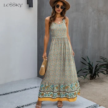 

Boho Dress Women Floral Long Robes Summer Backless Slip Sundresses Ladies Elegant 2020 Bohemian Flower Maxi Dresses For Women