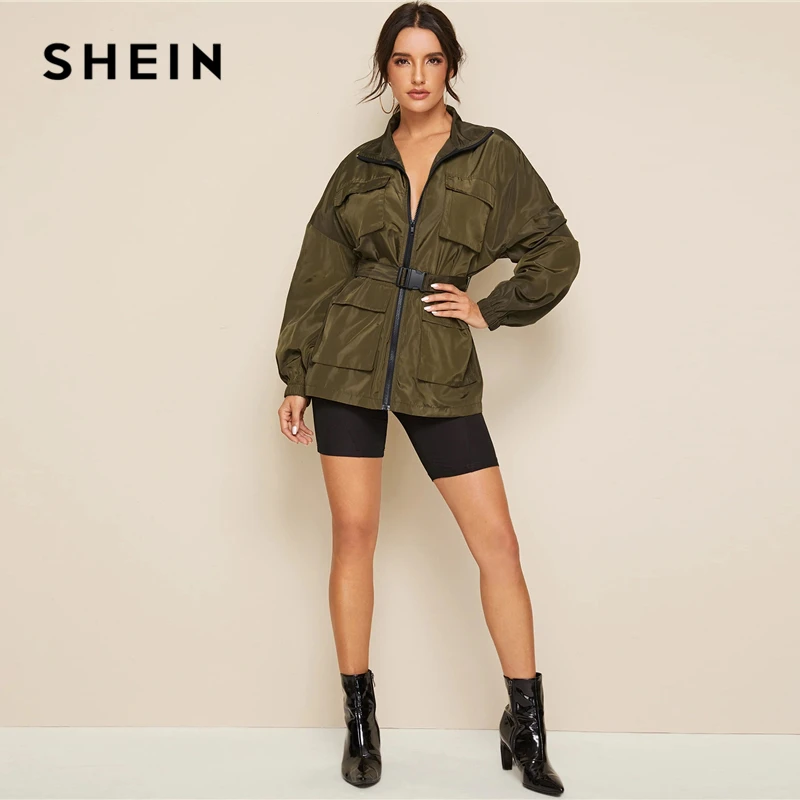 SHEIN черная куртка на молнии с карманом и заплатками, нажимная пряжка на поясе, Женская Осенняя однотонная ветровка, повседневная спортивная одежда, куртки