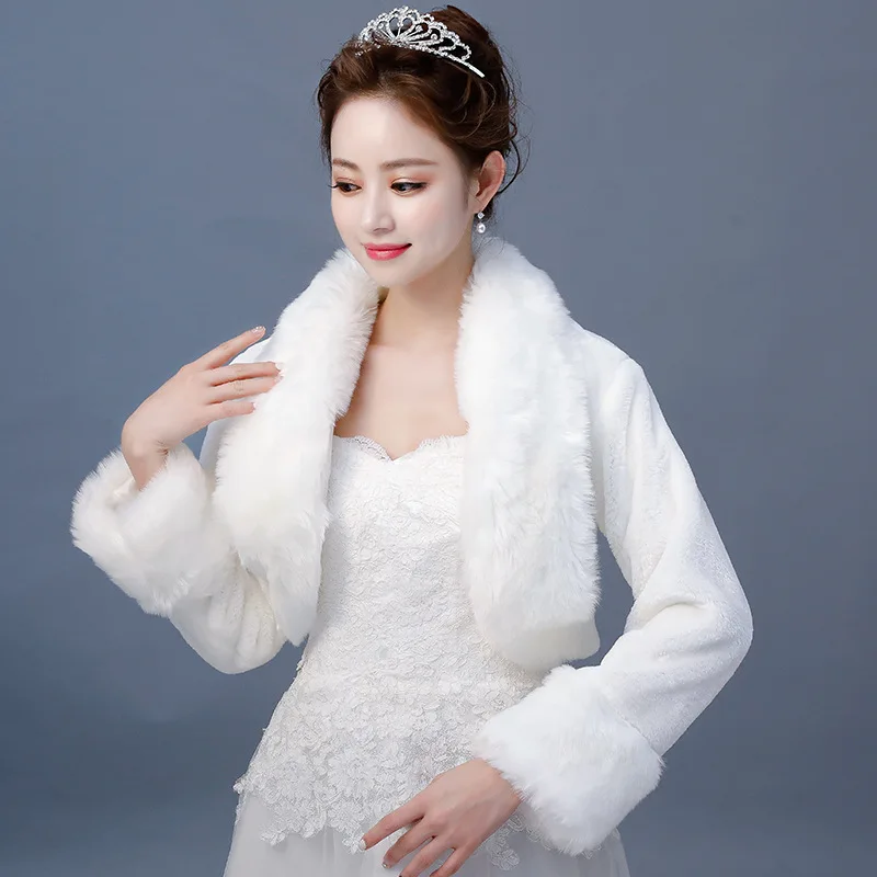 Зимняя Свадебная шаль из искусственного меха, жакет, болеро, женское свадебное меховое пальто с длинным рукавом, свадебная накидка с перьями, меховое Болеро