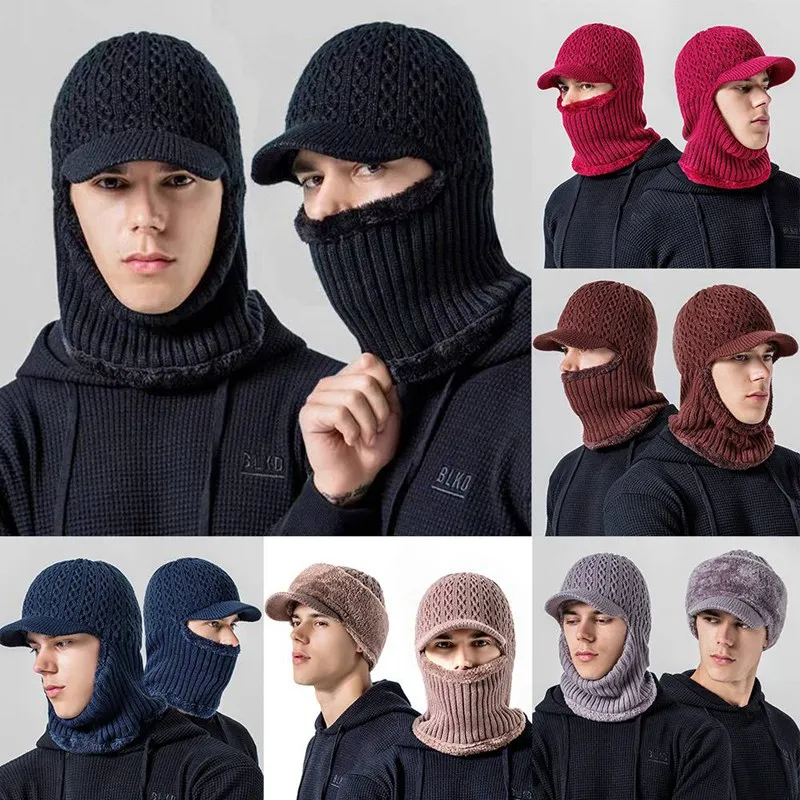 Men Fashion Casual Solid Winter Warm Crochet Knit Baggy Wool Skullies Hat Ski Cap Scarf Set One Size For Adults