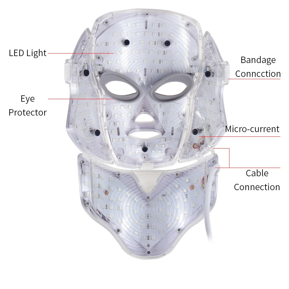 Baratos 7 colores Led fotón eléctrico LED máscara Facial con cuello rejuvenecimiento de la piel antiarrugas acné terapia de fotones cuidado de la piel máscara de belleza