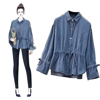 

New Spring Autumn Corduroy blouses women long sleeve ladies fashion tops and Blue blouses chemisier femme blusas