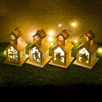 

New Christmas LED Wooden House Tree Hanging Decor Elk Santa Claus Snowman Maisonette Ornaments Luminous Dual-layer Christmas