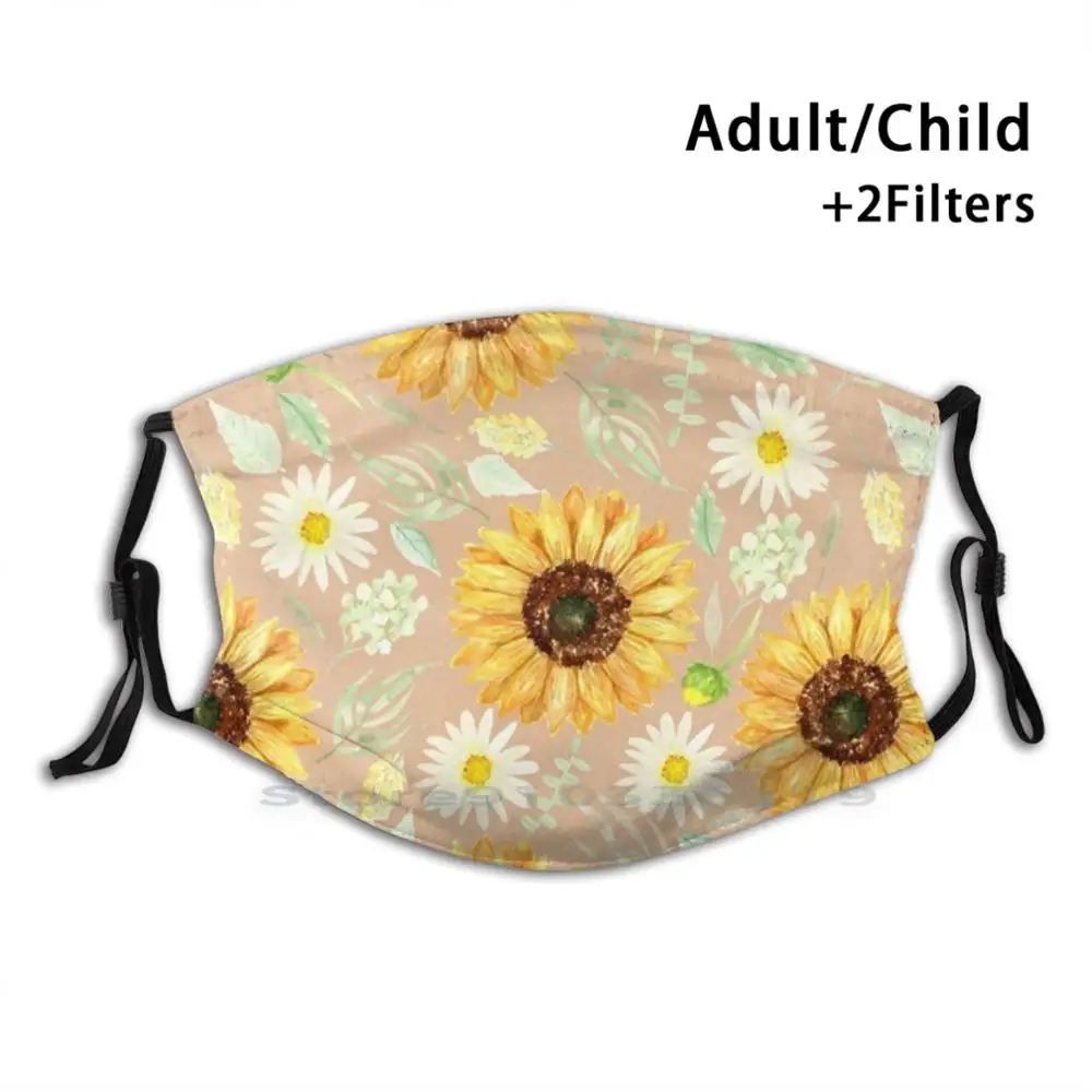 

Sunflowers And Daisies | Watercolor | Art | Pattern | Beige Reusable Mouth Face Mask With Filters Kids Sunflower Daisy Daisies