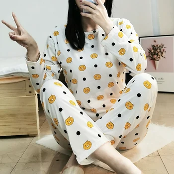 

Autumn Winter Pajamas Women 2-piece loose cartoon print long-sleeved large size home O-neck shirt + trousers Girls sleepwear
