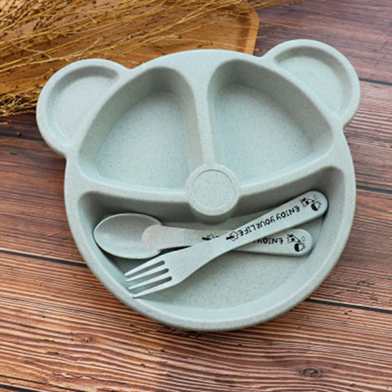 

3XBaby Plate Children Cartoon Food Dishes Wheat Straw Baby Bowl Spoon Fork Part