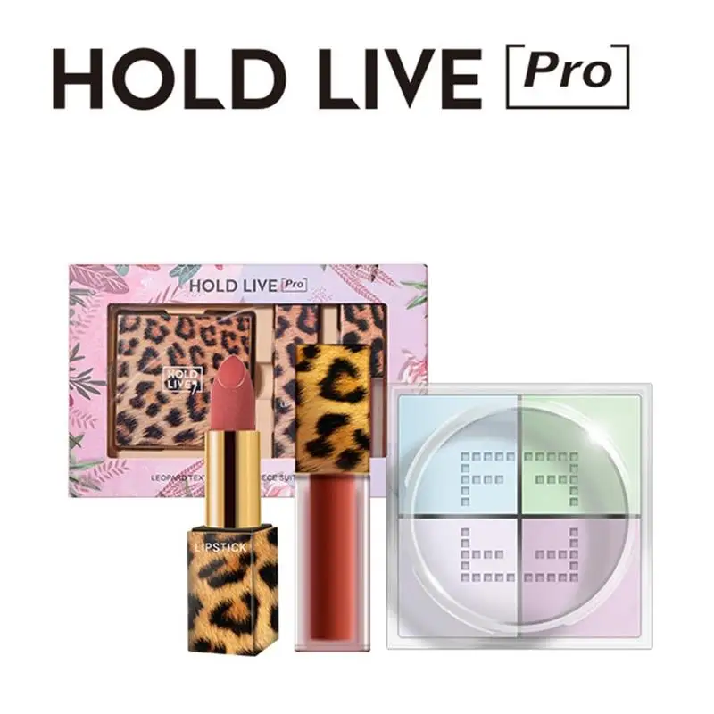 HOLD LIVE Leopard набор для макияжа водостойкая рассыпчатая пудра контроль маслом+ матовая бархатная помада+ Губная глазурь Портативные наборы для макияжа для женщин