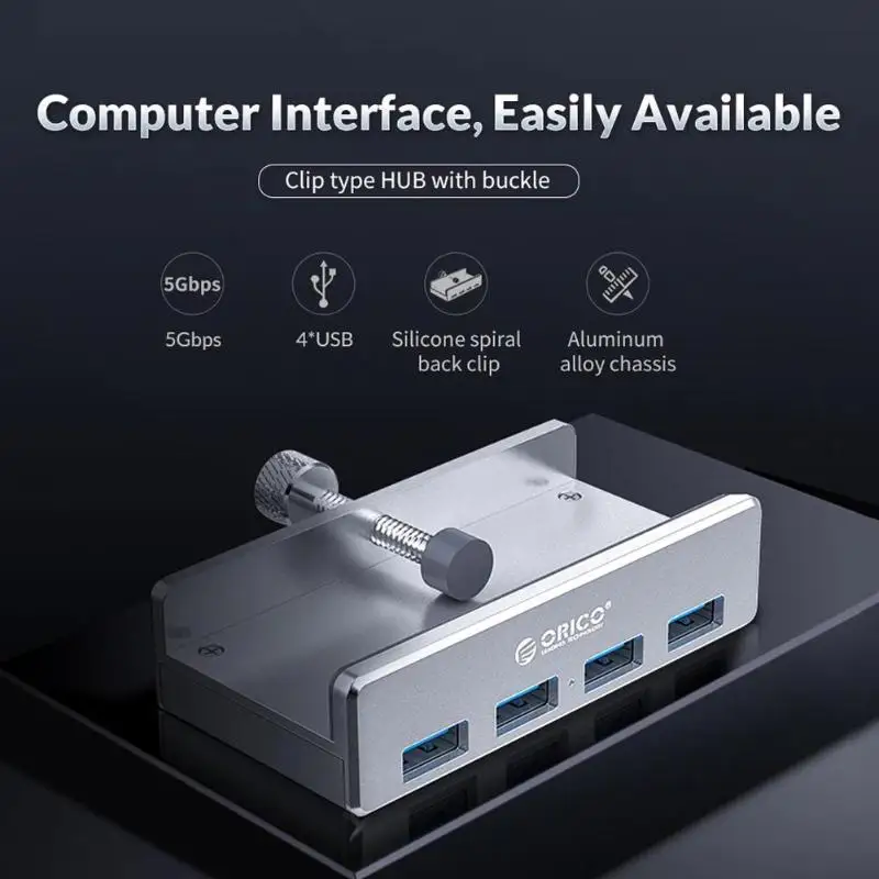 4-Port USB 3.0 Hubs with Android Power Port Adapter Aluminum Alloy Converter Chassis Back Clip Splitter Computer Peripherals
