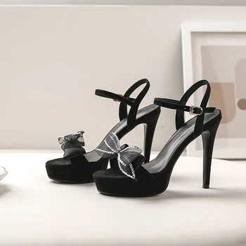 

Summer Platform Sandals Thin Heels Women Suede Leather High Heels Open Toe Ladies Shoes Brand Fashion Black