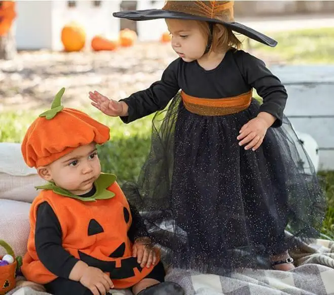 Toddler Baby Kid Girl Boy Halloween Pumpkin Costume sleeveless Ruffle Clothes Hat Fancy Outfit Set Party Fancy