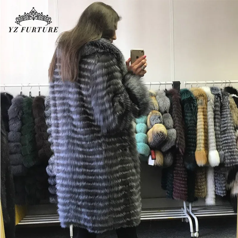 Натуральное Настоящее женское серебряное пальто из лисьего меха 90 см длинное пальто для русской зимы для женщин куртка из натурального Лисьего меха с воротником FC-105