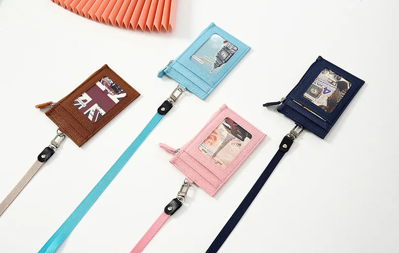 PU Leather Card Holder Neck Strap Lanyard Business Credit Card ID Card Badge Wallet Coin Purse Pouch Student Bus Card Bags Case
