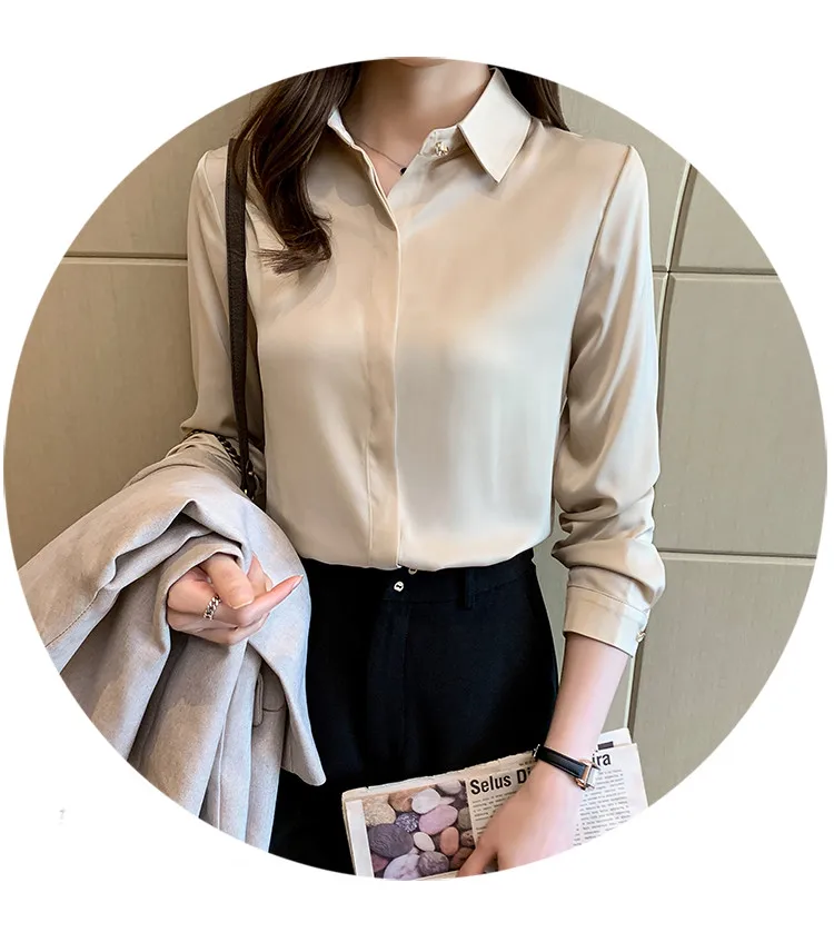 2022 Autumn Satin Women's Shirts Fashion Silk Button Solid OL Elegant Ladies Tops Long Sleeve Blouse Basic Women Shirts Blouses