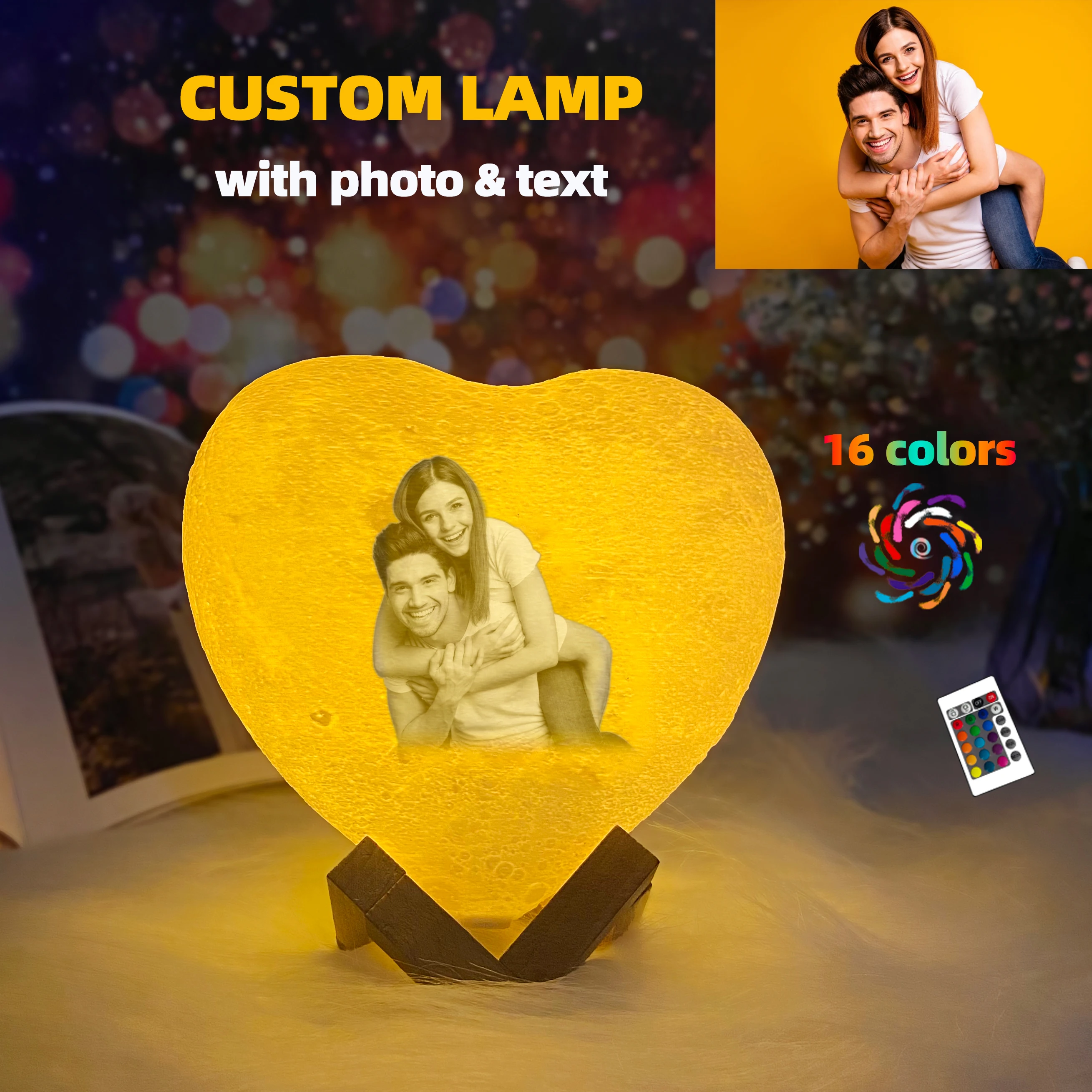 Heart Shape 3D Printed Moon Lamp Customized Photo Text Night Light USB Rechargeable Birthday Mother's Day Lunar Lamp Gift