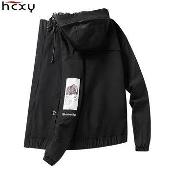 

HCXY Autumn New Men's Hooded Casual Jacket 2019 with Print Men Windbreaker Male Windproof Outwear Man Coats Hoodie Wind cut