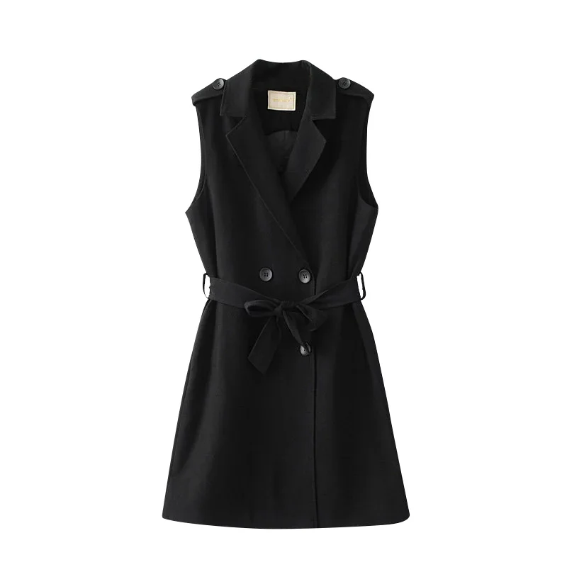 

Sleeveless Jacket Suit Vest Women Slim Long Blazer Vest Coat Waistcoat Office Lady Elegant Black Double Breasted Vest With Belt