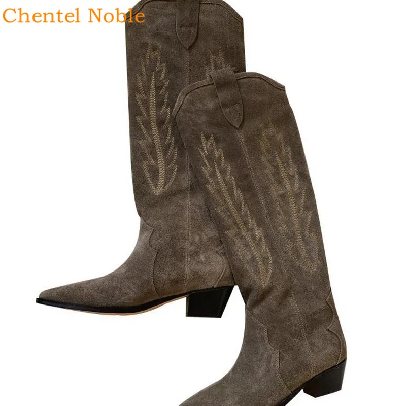 

2019 Retro Real Suede Leather Knight Knee High Boots For Women Embroidery Leaves Pointed Toe Square Heel Motorcycle Long Booties