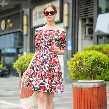 

2020 Spring Dress Slash Neck Vintage Rose Flower Print Elegant Slim Runway Dress Casual Party Dress Women Vestidos party dress