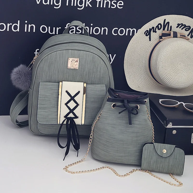 

Bag 2019 New Style Backpack Korean-style WOMEN'S Fashion Handbag Solid Color Retro School Bag Versatile Picture Three-piece Set
