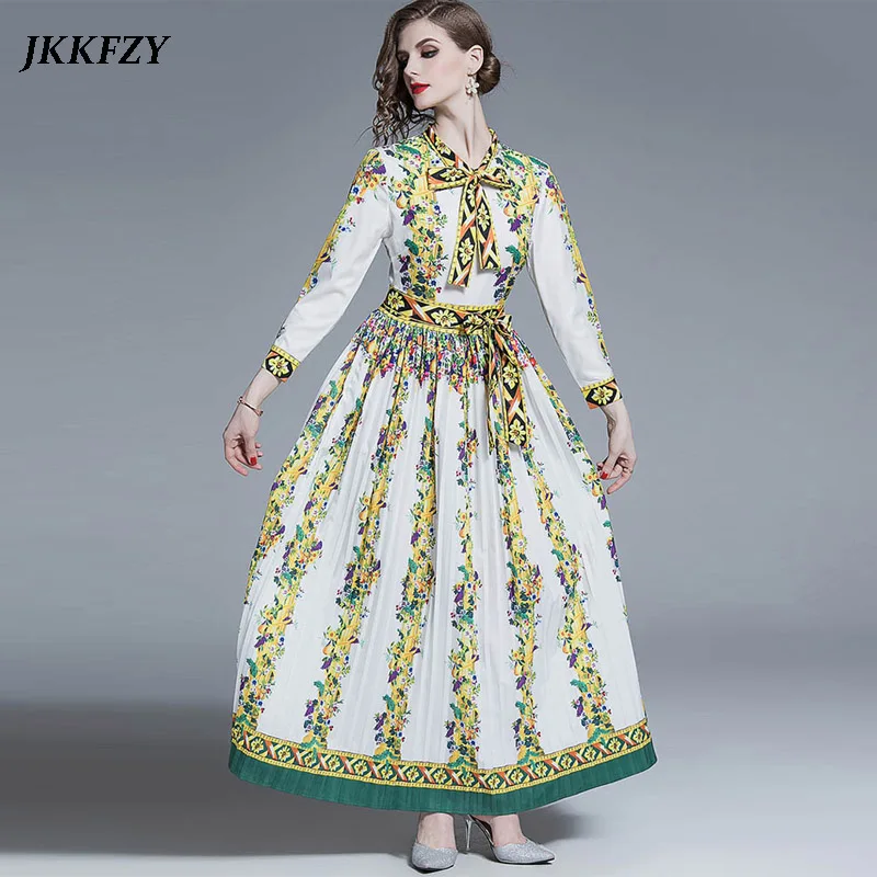 

Women Fall Winter Long Sleeve Designer Runway Dress Chic Print High Waist Vintage Dress Ladies Party Dress