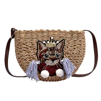 

New Handmade Straw Bag Casual Cat Beach Bag Woven Basket Casual Shoulder Handbag Brown