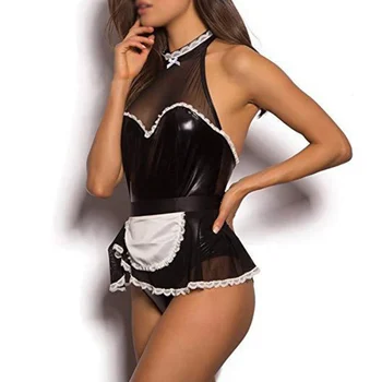 

Women's Bodysuit Sexy Style Maid Costumes Cosplay Halloween Outfit Patent Leather Leotard Backless Lace Apron Role Play Clothing