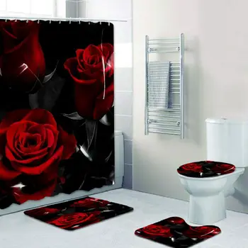 

Romantic Style Bath Screen Ventine's Day Curtains Carpet Floor Mat Combination Bathroom Toilet Mat 3D Digital Printed Shower
