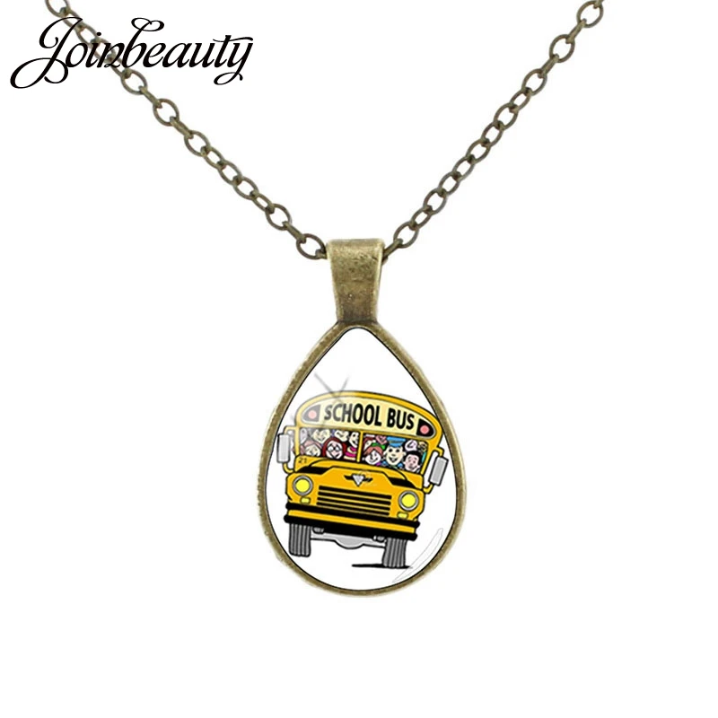 JOINBEAUTY New School Bus Student Vehicle Necklace Simple Water Drop Glass Cabochon Antique Bronze Plated Pendant Jewelry H210 | Украшения