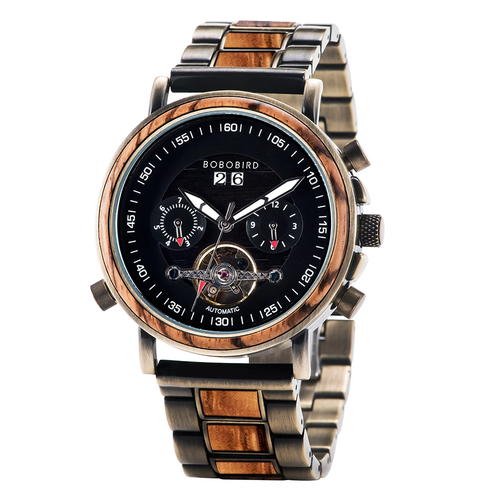 Men Top Watch BOBO BIRD Wooden Automatic Mechanical Wristwatch Luxury Fashion Auto Date Chronograph Luminous Hands relogio Gift