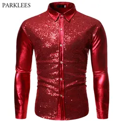 Роскошная Красная Блестящая рубашка с пайетками, мужские блестящие вечерние рубашки с длинным рукавом для дискотеки, повседневные