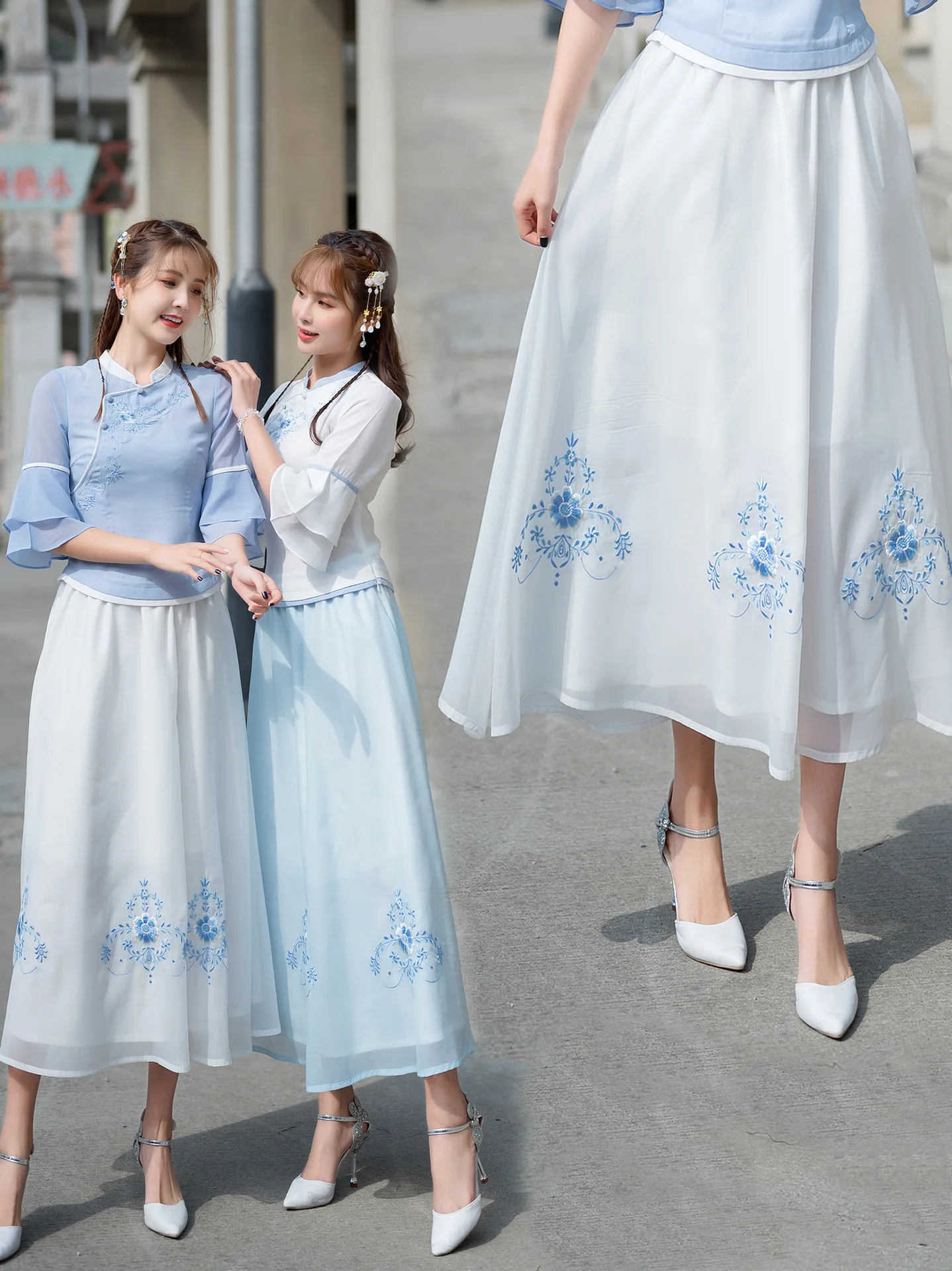 

New Style 5092 # Fresh Embroidery Embellishment Three Anti-through Design Elastic Waist Comfortable Versatile Skirt Women's