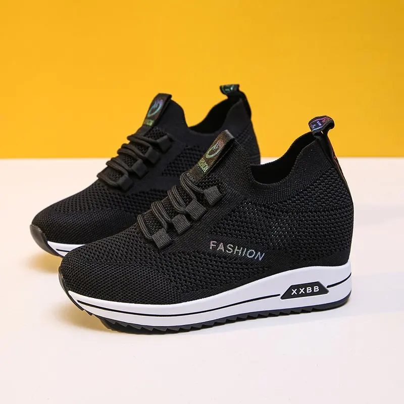 Zapatos de plataforma con tacón oculto para mujer, zapatillas deportivas informales con aumento de altura, color blanco y rosa
