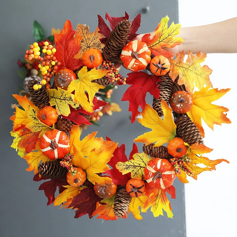 45CM Halloween Artificial Pumpkin Maple Leaves Wreath Autumn Holiday Thanksgiving Day Front Door Garland Wall Hanging Decoration