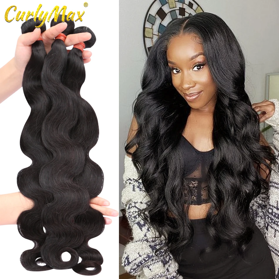 CurlyMax-mechones de ondas de cuerpo, 28, 30, 32, 34, 36 y 40 pulgadas, cabello humano brasileño Remy, alta calidad, mechones de tejido doble