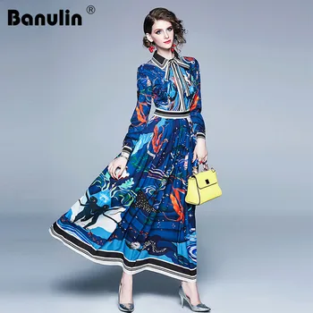 

2020 Spring Summer Fall Runway Floral Print Collar Bow Tie Neck Empire Waist Long Sleeve A-Line Women Party Casual Maxi Dress