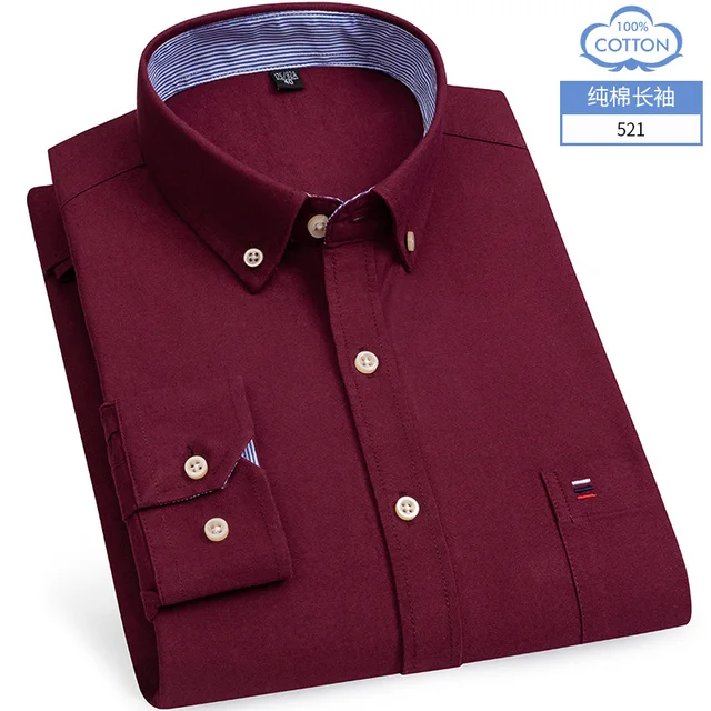 S- 6XL Oxford Shirts For Mens Long Sleeve Cotton Casual Dress Shirts Male Solid Plaid Chest Pocket Regular-Fit Man Social Shirt 521