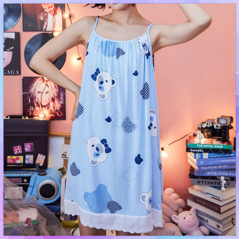 

Cute Sexy Night Dress Women's Home Dress Sleepwear Crepe Vest Suspender Loose Nightie Nightgown Sweet Nightwear Home Sleep Top