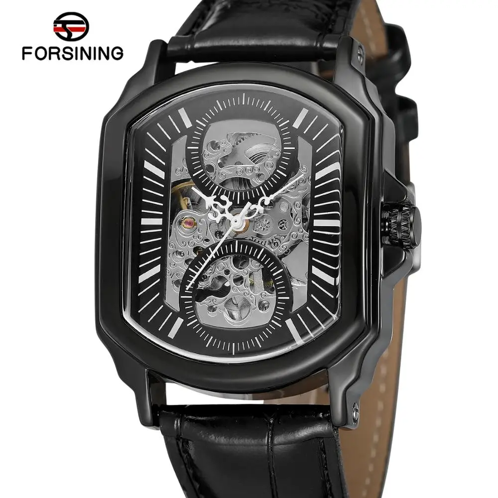 

Forsining 2018 Black Display Openwork Clock White Hands Unique Two Small Circle Design Men's Automatic Watches Top Brand Luxury