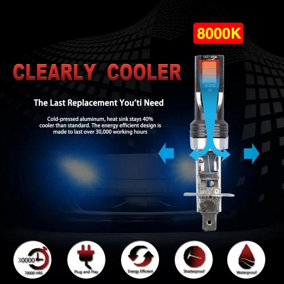 2 шт H11/H8/9005/9006/H1/H3/H7 1200LM 8000K холодный синий светильник для вождения автомобиля, лампа для автомобиля, светильник для автомобиля