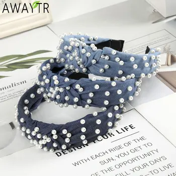 

AWAYTR Knotted Pearl Hairband Wide Headband Woman Hair Band Blue Denim Fabric Hair Hoop Woman's Hair Accessories Haarband