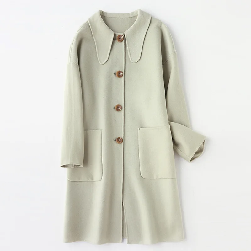 D-one New Thin Wool Blend Coat Women Long Sleeve Turn-down Collar Outwear Jacket Casual Solid Autumn Winter Overcoat D141 - Цвет: green