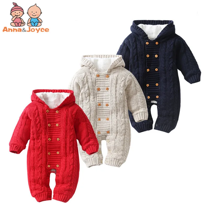 

Thick Warm Infant Newborn Baby Boy Girl Knitted Sweater Jumpsuit Hooded Kid Toddler Outerwear Rompers Winter Clothes