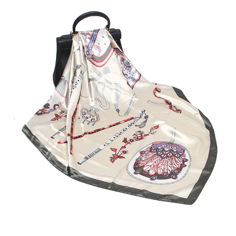 

90cm Woman Silk Scarf Satin Rayon Fashion Palm-leaf Fan Printing Scarves Springtime Shawl Wrap Neckerchief Big Hanky Hijab Scarf