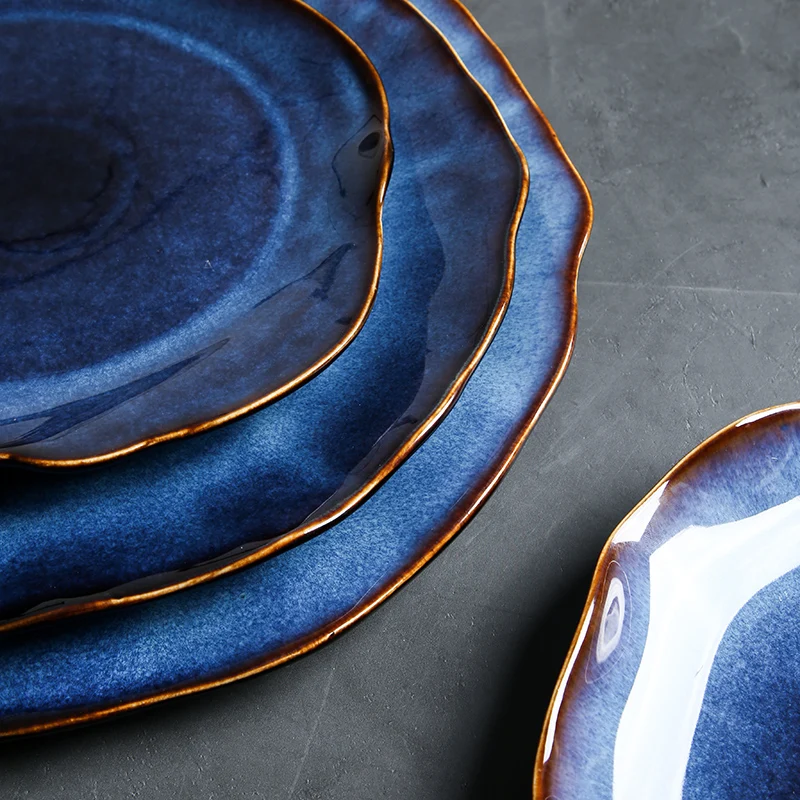 ANTOWALL Japanese Retro Ceramic Dishes Household Irregular Flat Plates Ceramic Tableware Food Plates