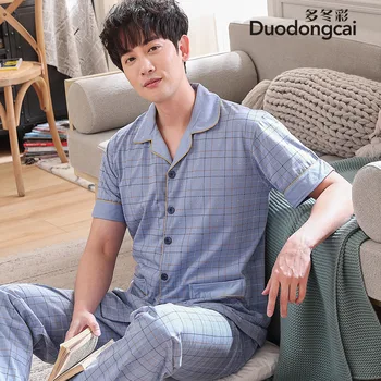 

Pajamas Multi-Winter Color Men Summer Cotton Short Sleeve Trousers Cardigan Tracksuit Thin Loose-Fit Set Home Wear