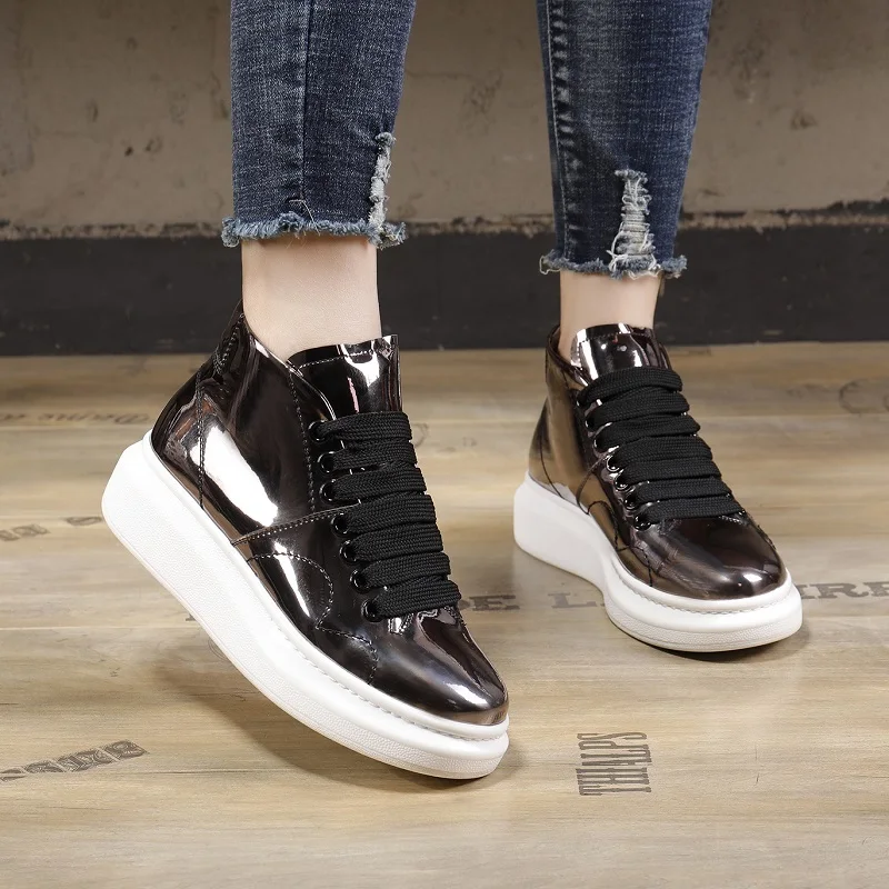 Кроссовки; женская обувь на платформе; женская обувь на шнуровке; chaussures femme; обувь из лакированной кожи с круглым носком; sapato feminino; кроссовки на толстой подошве