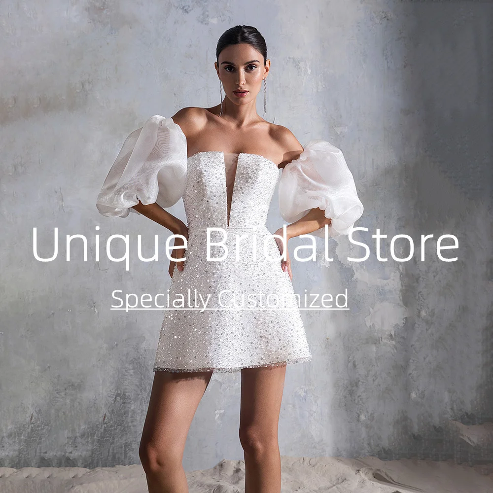 UETEEY A-Line Short Wedding Dress Sequined Long Puff Sleeve Plus Size Lace Up Back Wedding Gowns 2022